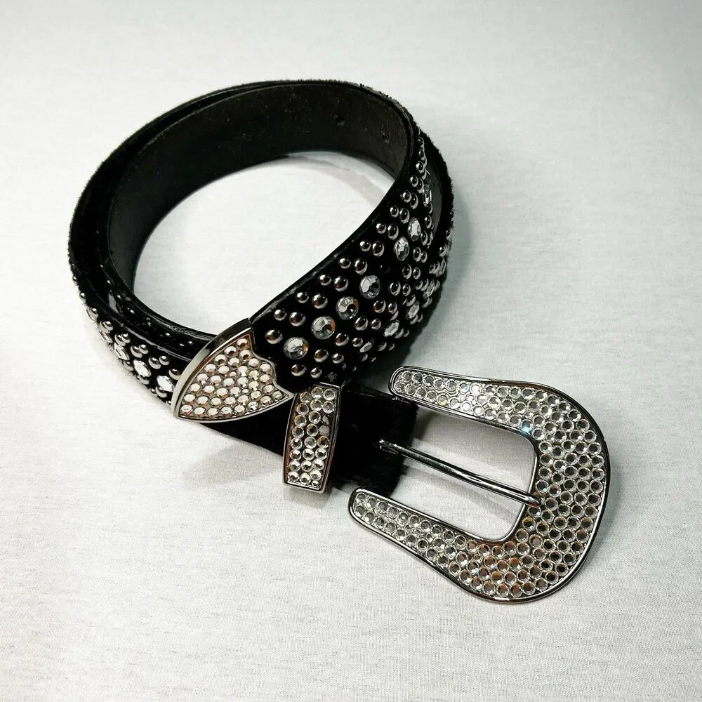BB Simon Calf-hair Belt Dark Brown with Swarovski Crystals and Silver Studs